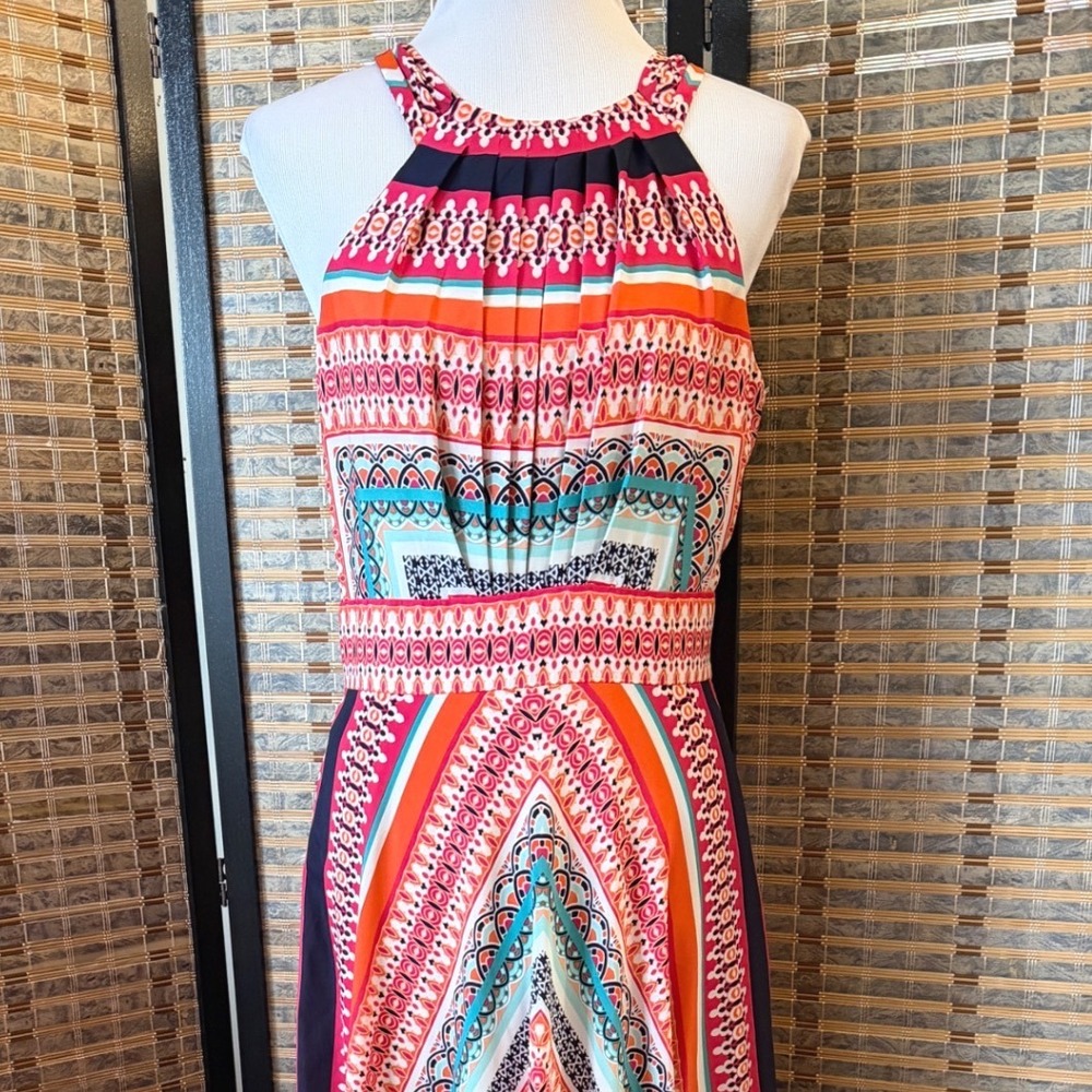 Eliza J Scarf Print Halter Maxi Dress Womens 8 Multi Color Boho Border Gown